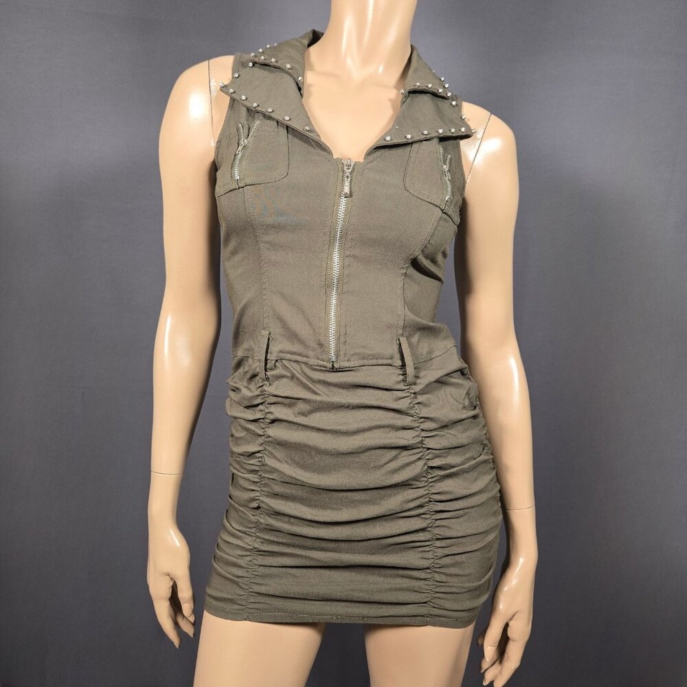 Y2K Sleeveless Ruched Bodycon Mini Dress Size S Rhinestone Studded Zippers